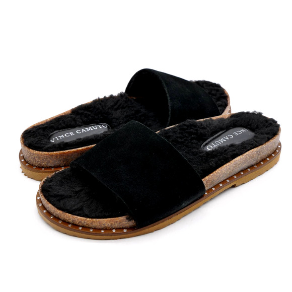Vince Camuto Sandals Womens 6 Kanadial Black Suede Faux Fur Lined Slides Studded - Picture 1 of 11